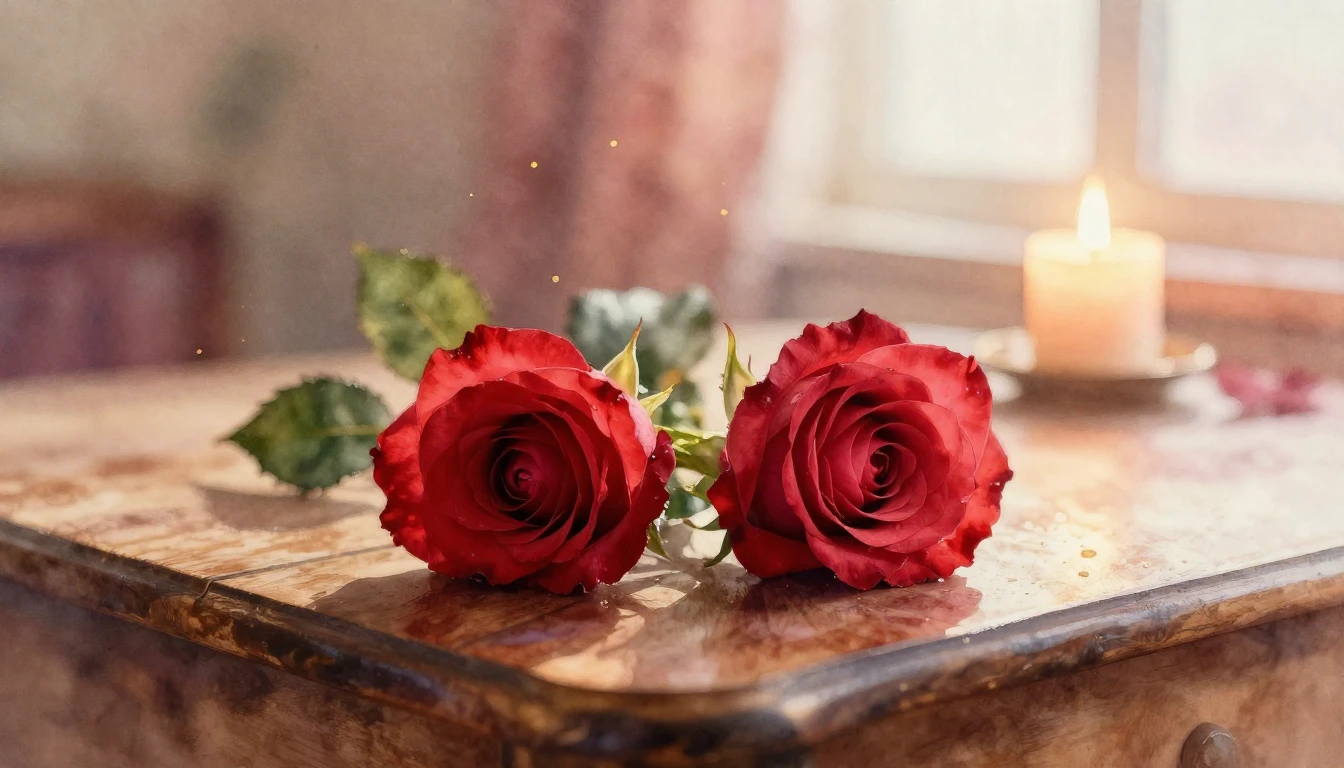 A soft watercolor painting of two delicate red roses resting...