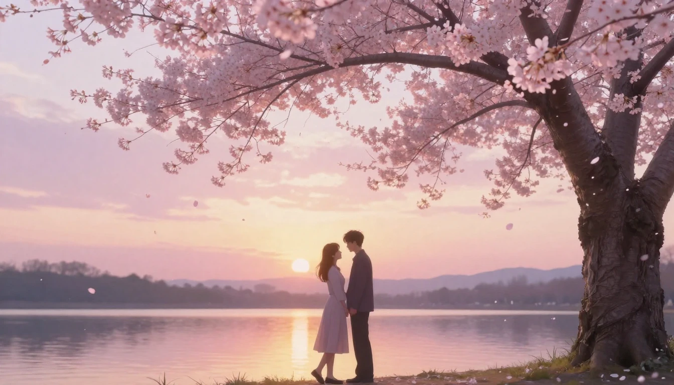 A dreamlike scene featuring two delicate silhouettes of a co...