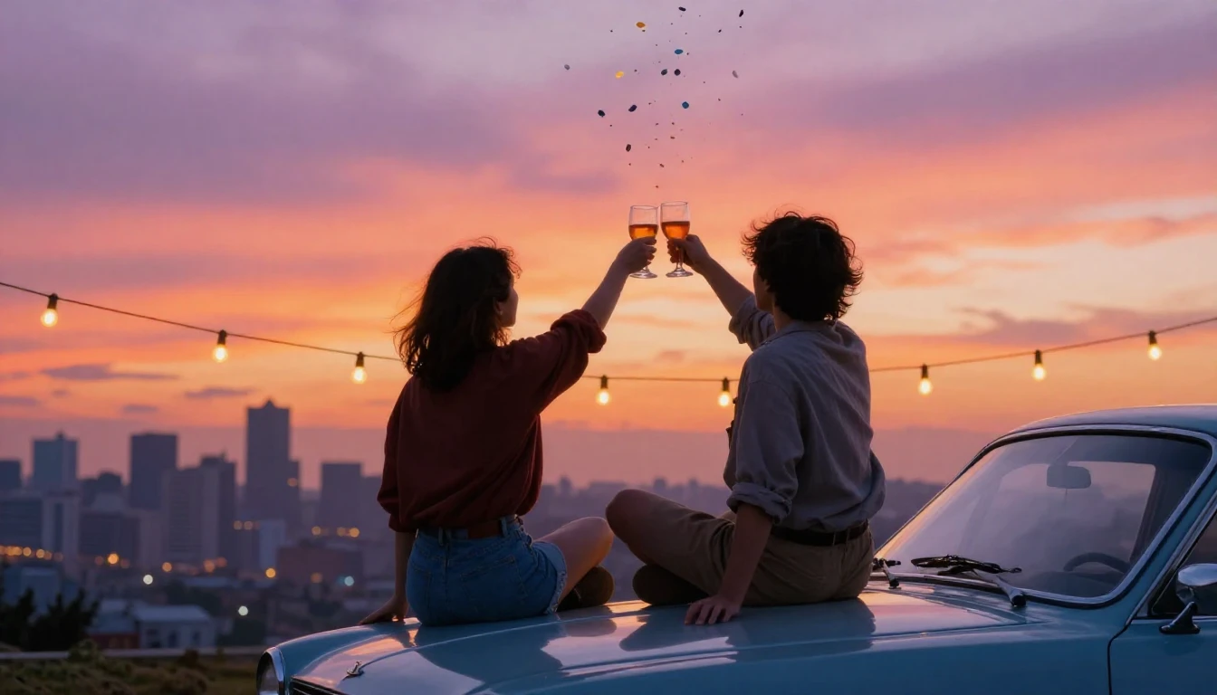 A heartwarming scene of two friends sitting on the hood of a...