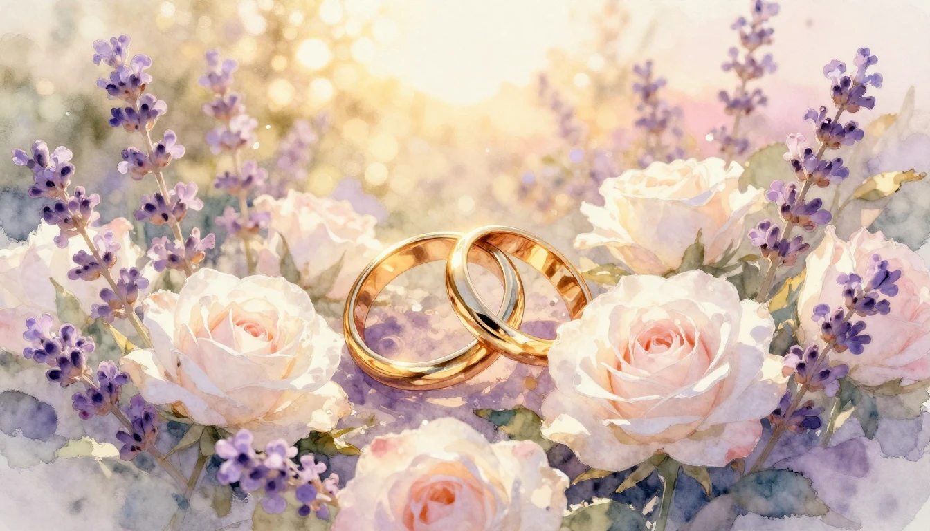 A beautiful, soft watercolor painting of two intertwined gol...