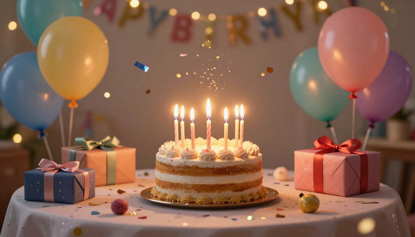 A vibrant and colorful birthday celebration scene. In the ce...