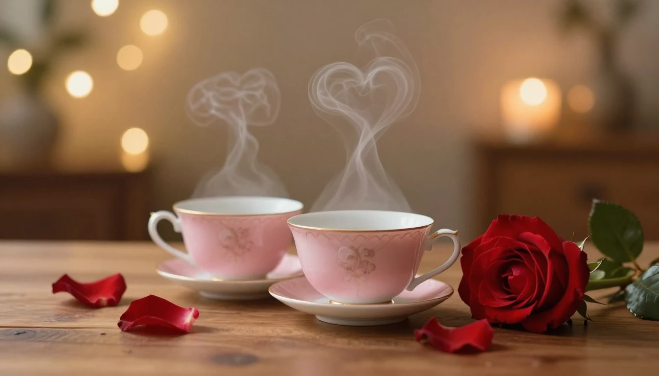 A serene and romantic scene featuring two delicate porcelain...