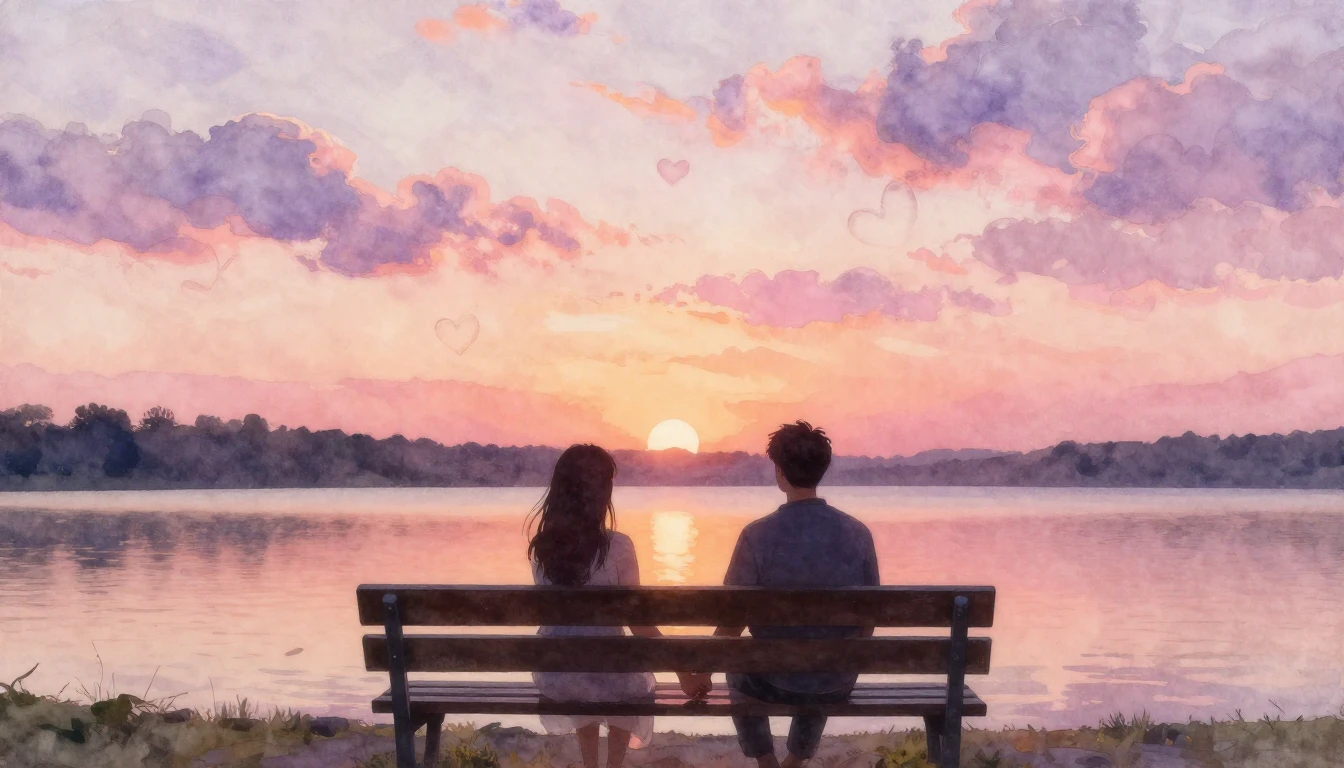 A romantic and dreamy watercolor painting focusing on two si...
