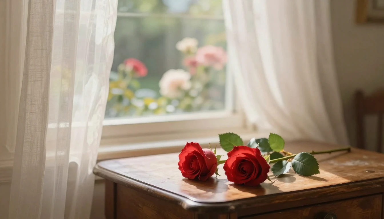 A beautiful and romantic scene featuring two delicate red ro...