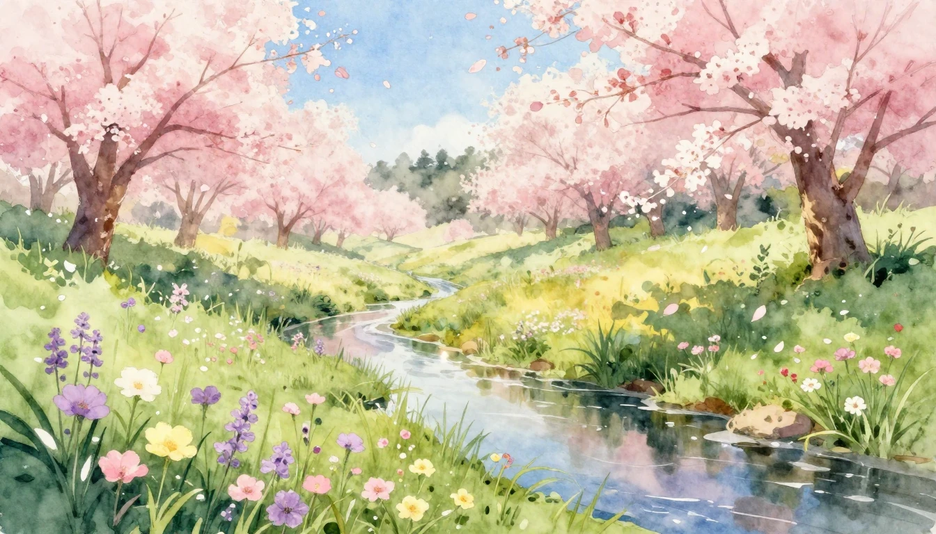 A beautiful watercolor painting of a lush spring meadow fill...
