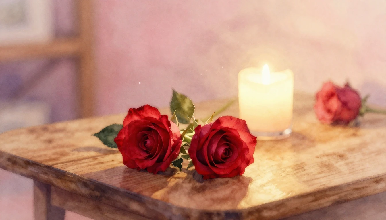 A soft watercolor painting of two delicate red roses resting...