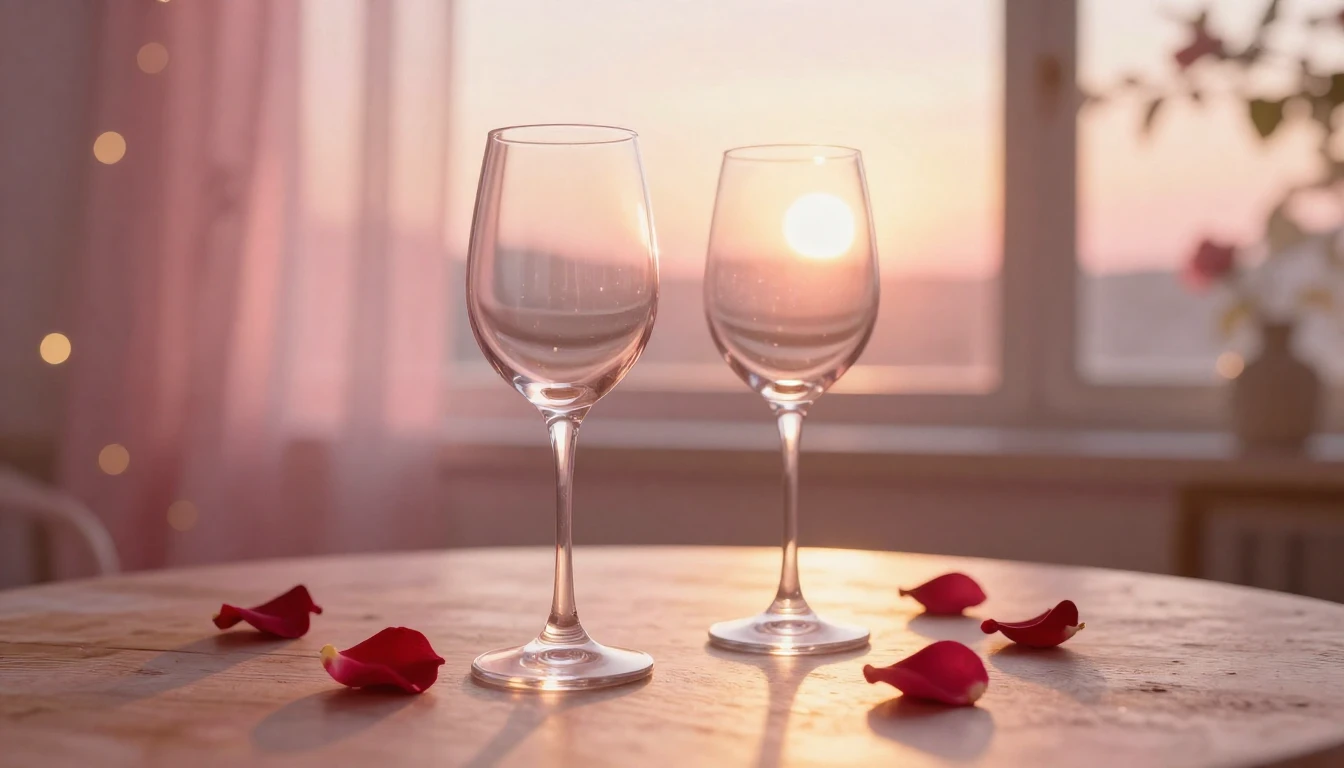 A soft and dreamy scene featuring two elegant wine glasses o...