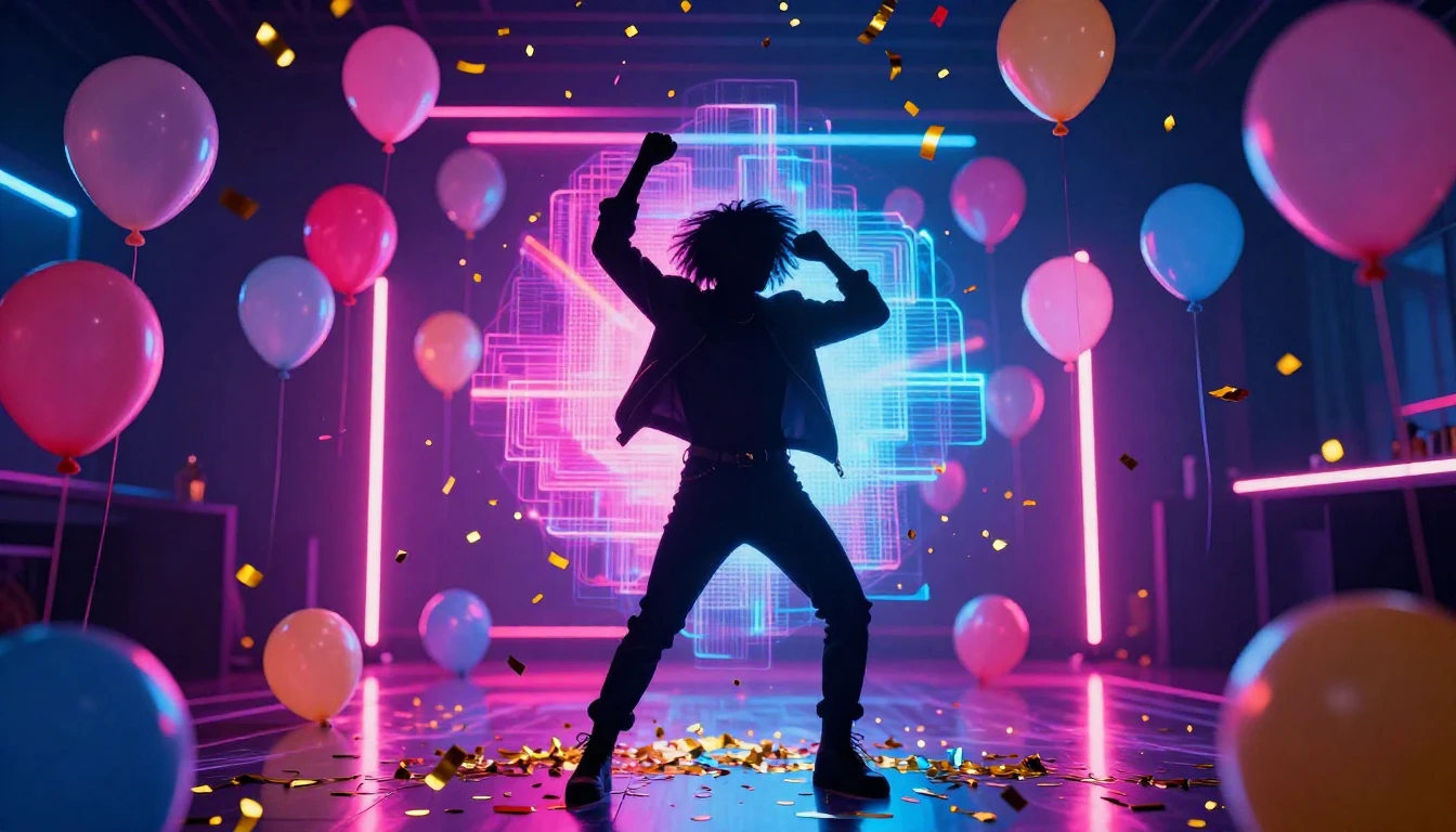 A vibrant and festive scene celebrating a birthday party. In...