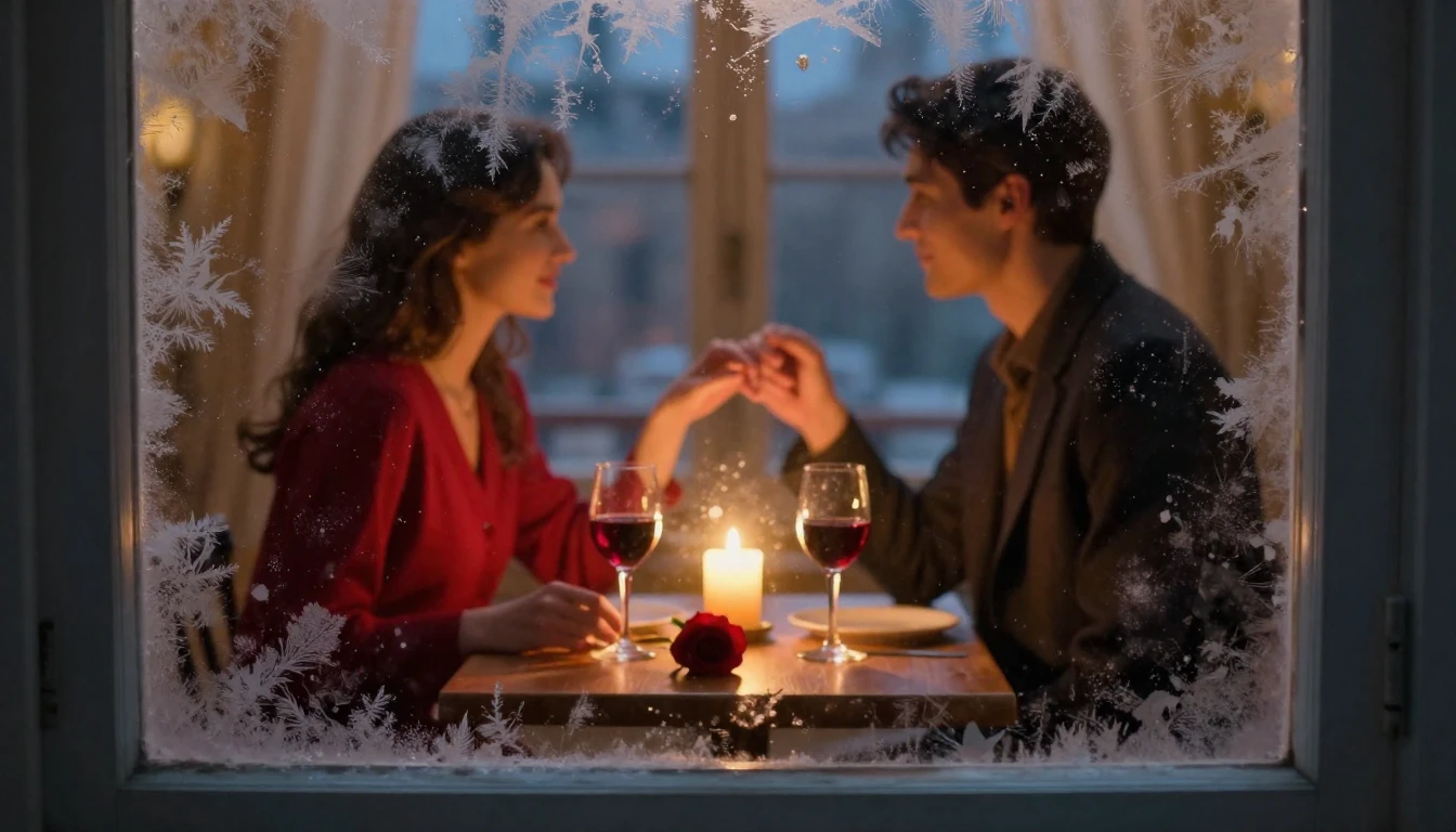 A romantic and cozy interior scene viewed through a window p...