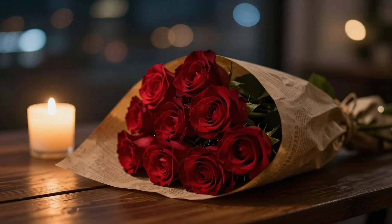 A romantic cinematic close-up of a bouquet of deep red roses...