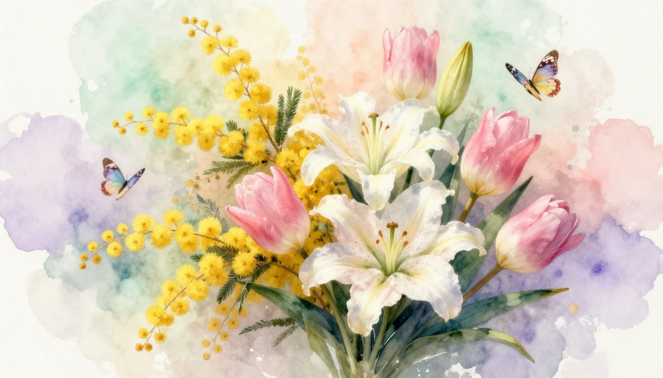 A delicate and ethereal watercolor painting of a lush bouque...