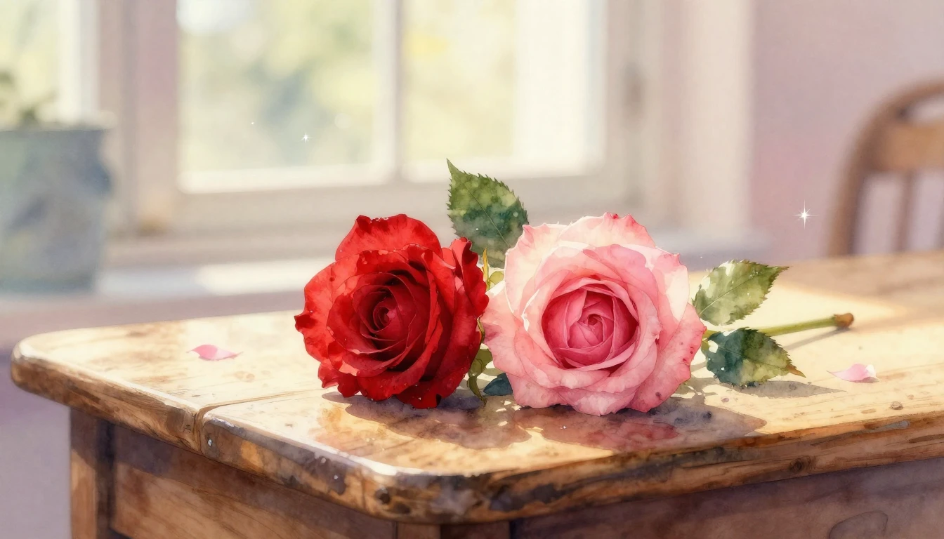 A delicate watercolor painting of two intertwined red and pi...