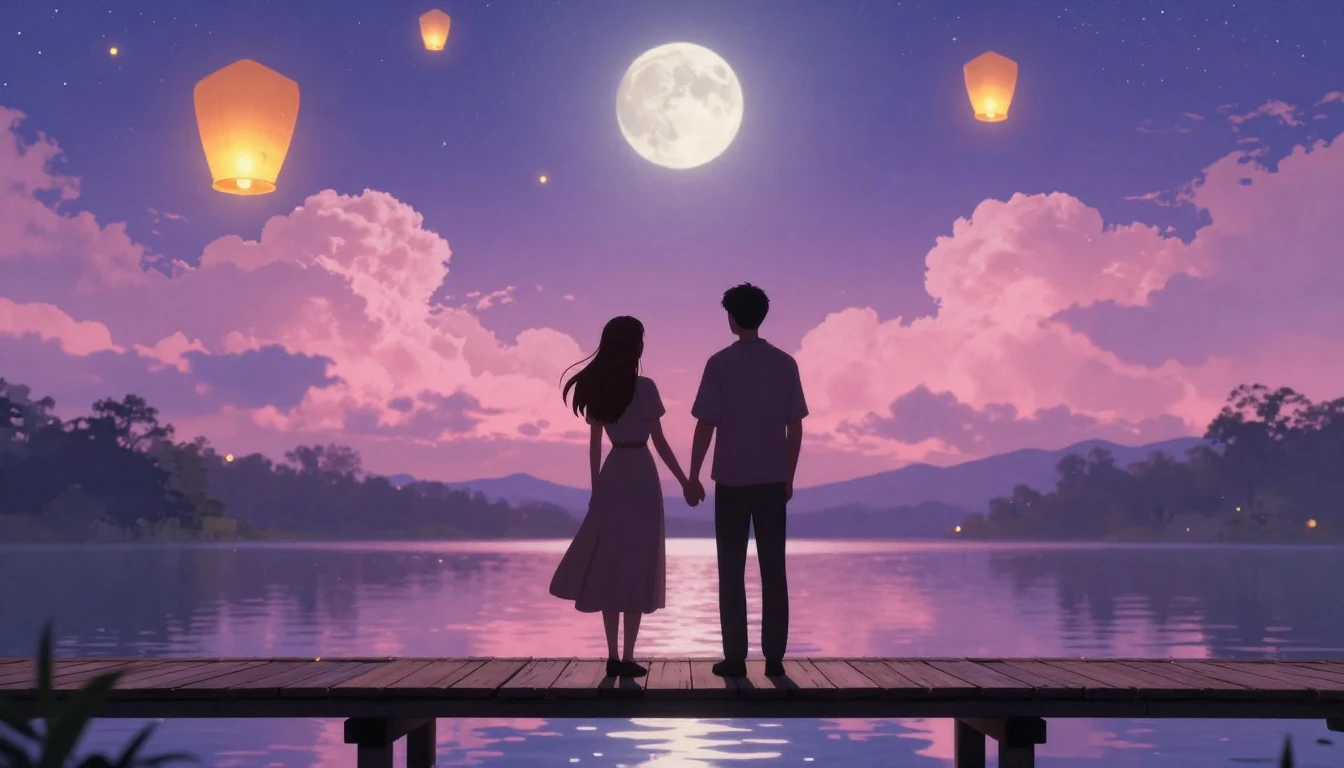 A romantic and dreamy scene featuring two silhouettes holdin...