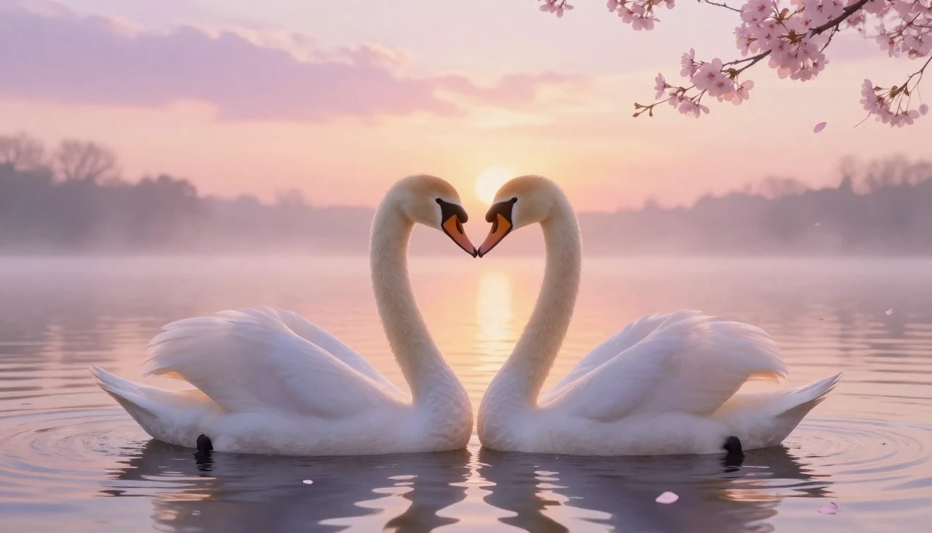 A dreamy and ethereal scene featuring two elegant swans form...