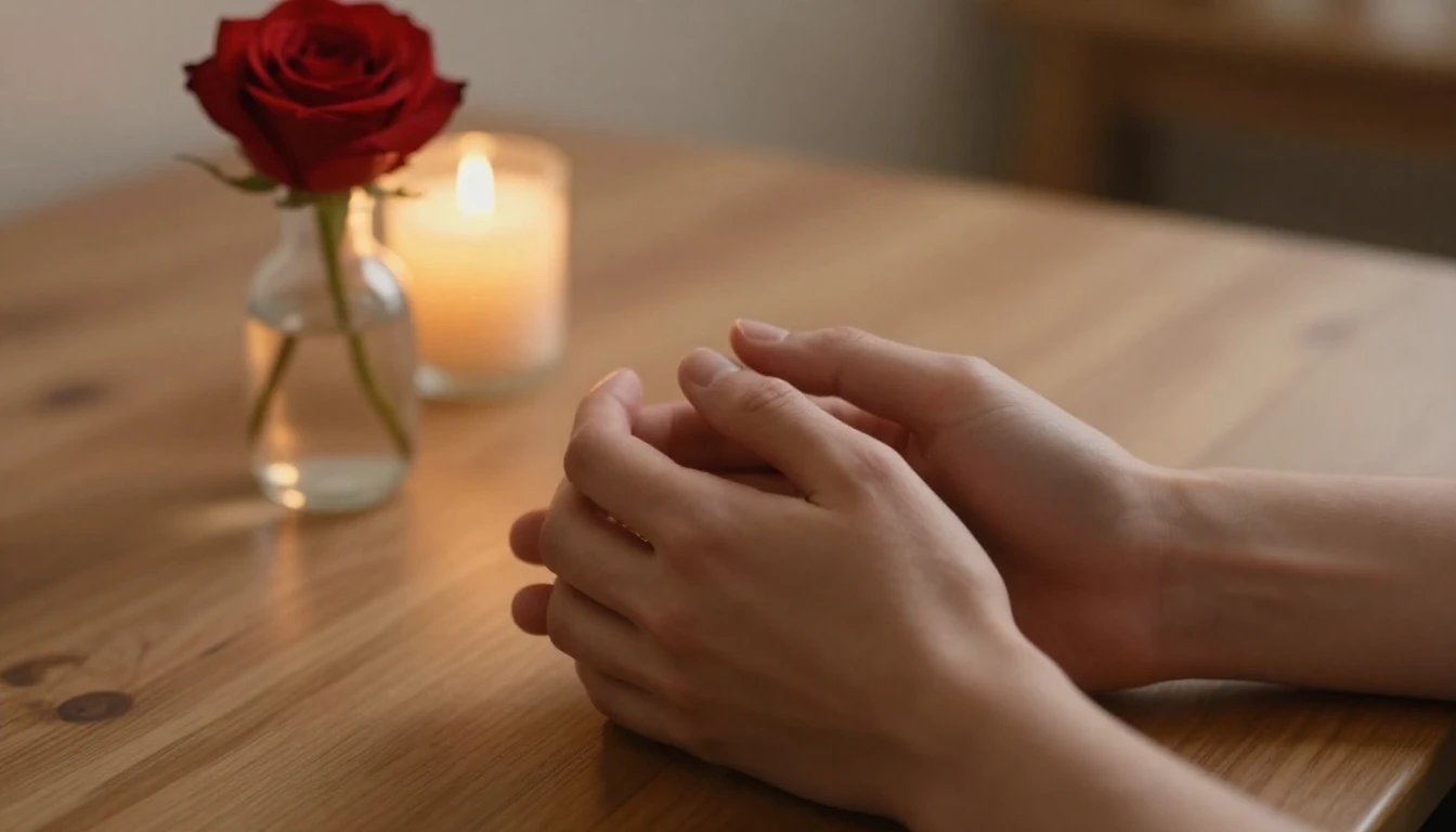 A romantic and intimate close-up composition showing two han...