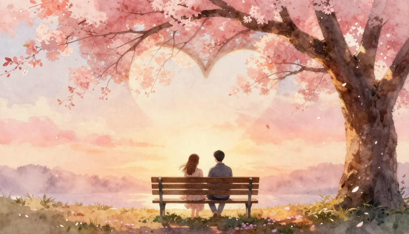 A romantic watercolor painting of a couple sitting on a wood...