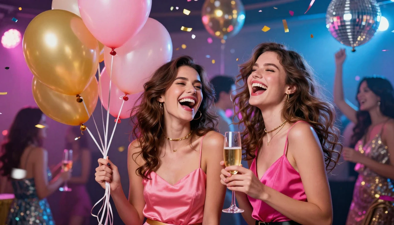 A vibrant and festive scene featuring two stylish young wome...