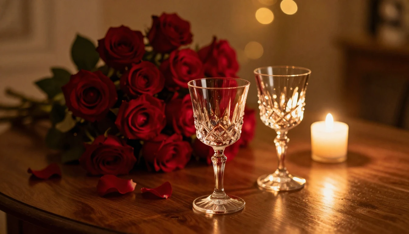 A serene and romantic scene featuring two elegant crystal gl...