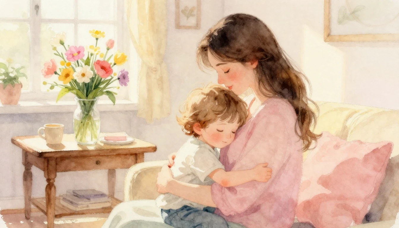 A heartwarming watercolor painting of a mother and her child...