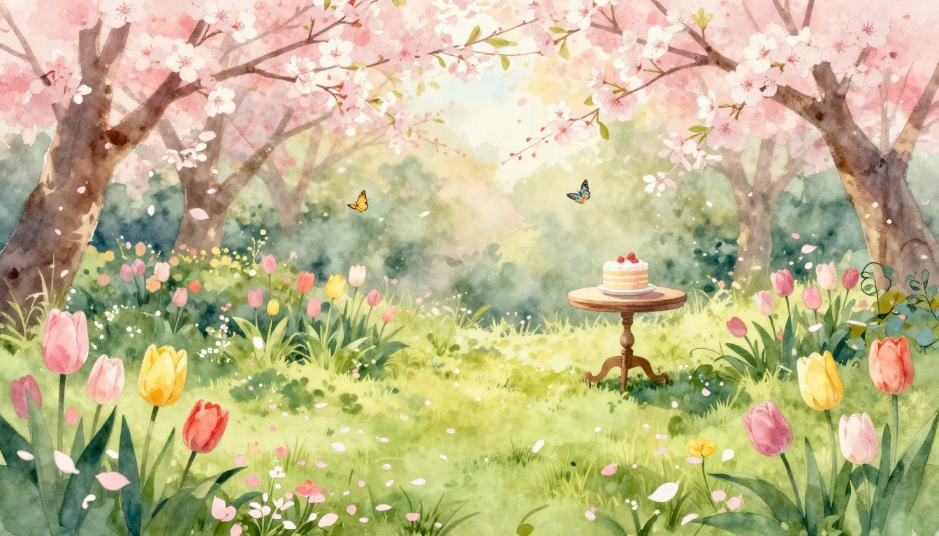 A beautiful watercolor painting of a lush spring garden in f...