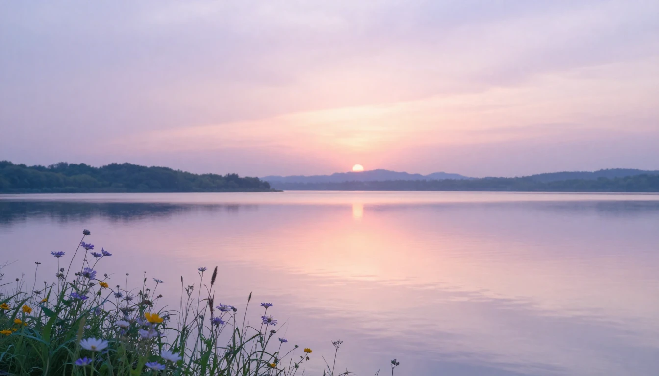 A serene landscape featuring a calm lake reflecting a soft s...
