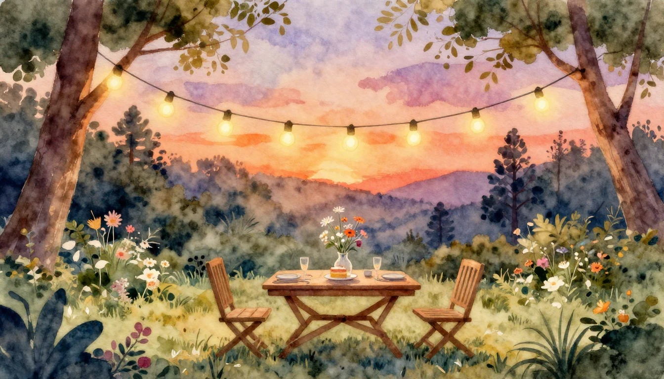 A beautiful watercolor painting of a cozy outdoor garden par...