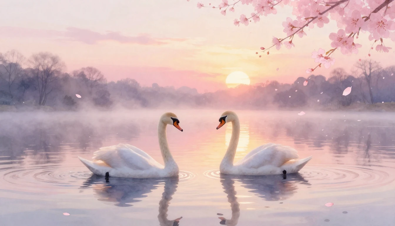 A dreamy watercolor painting of two elegant swans gliding on...