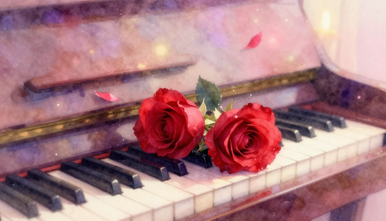 A soft and ethereal watercolor painting of two delicate red ...