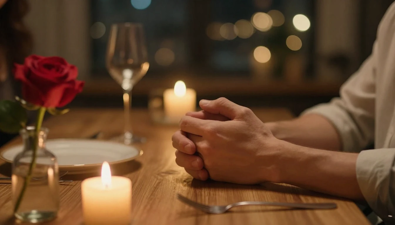 A cinematic close-up shot of a couple holding hands gently o...
