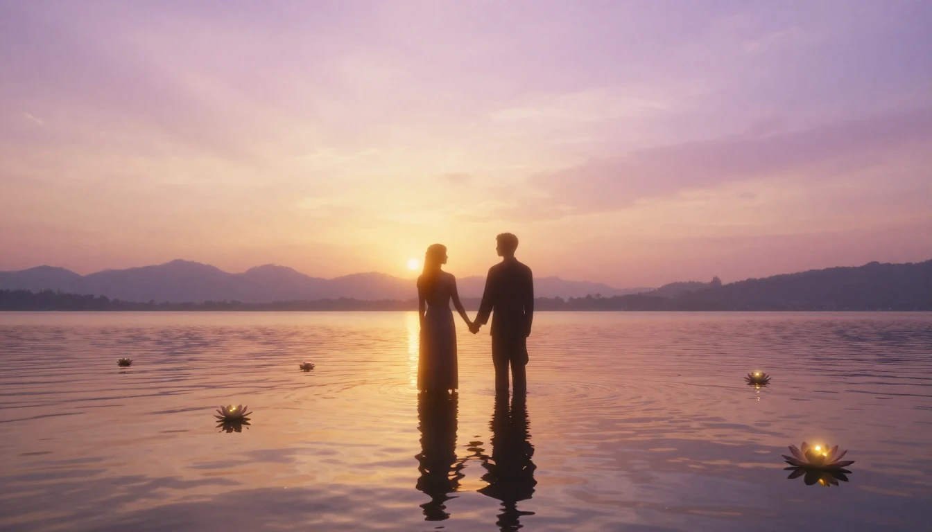 A breathtaking cinematic scene of two glowing silhouettes st...