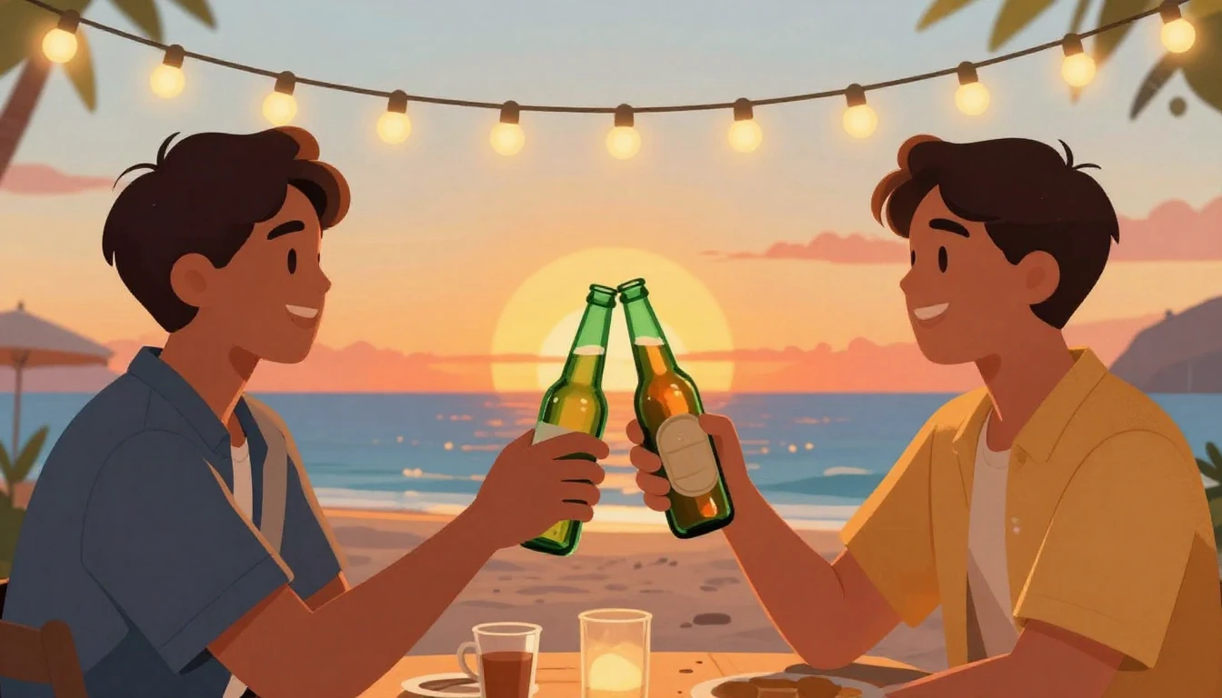 A warm and festive illustration of two friends clinking beer...