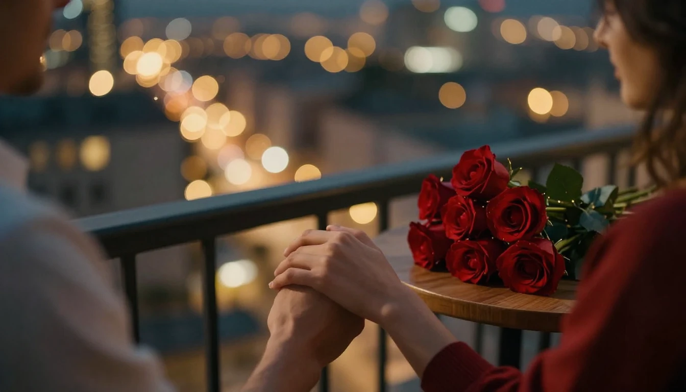 A romantic close-up cinematic shot of a couple holding hands...