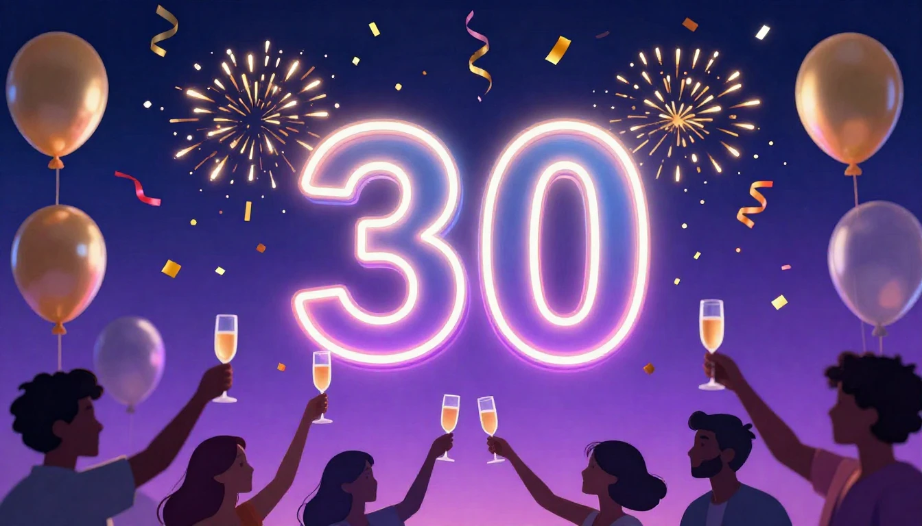 A vibrant digital art illustration celebrating a 30th birthd...