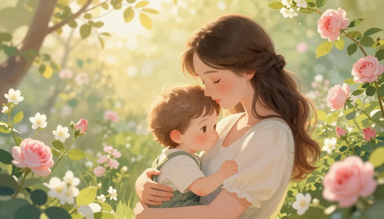 A heartwarming, soft illustration of a mother and child shar...