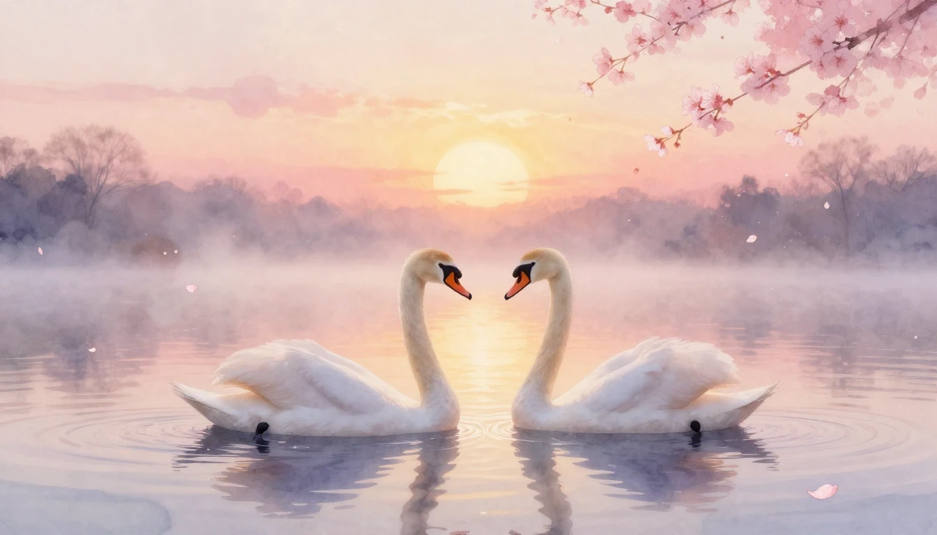 A dreamy watercolor painting of two elegant swans gliding on...