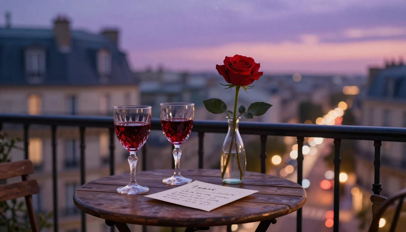 A highly romantic and intimate scene set on a small balcony ...