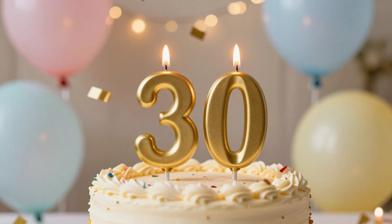 A festive and elegant scene celebrating a 30th birthday. A c...