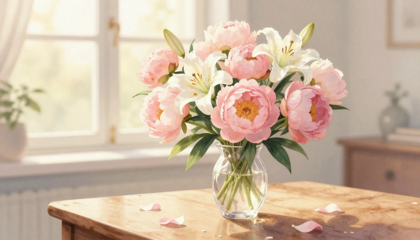 A delicate and warm watercolor illustration featuring a bloo...