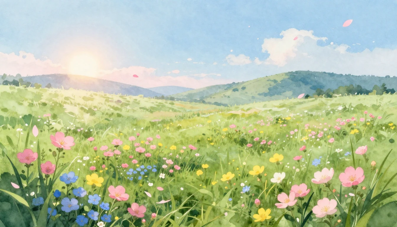 A beautiful watercolor painting of a lush green meadow fille...