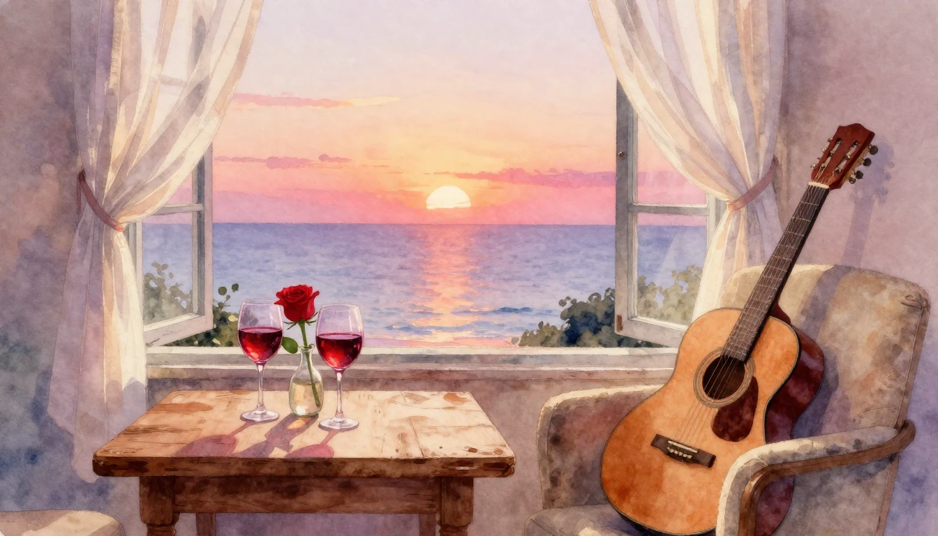 A soft and romantic watercolor painting depicting a cozy int...