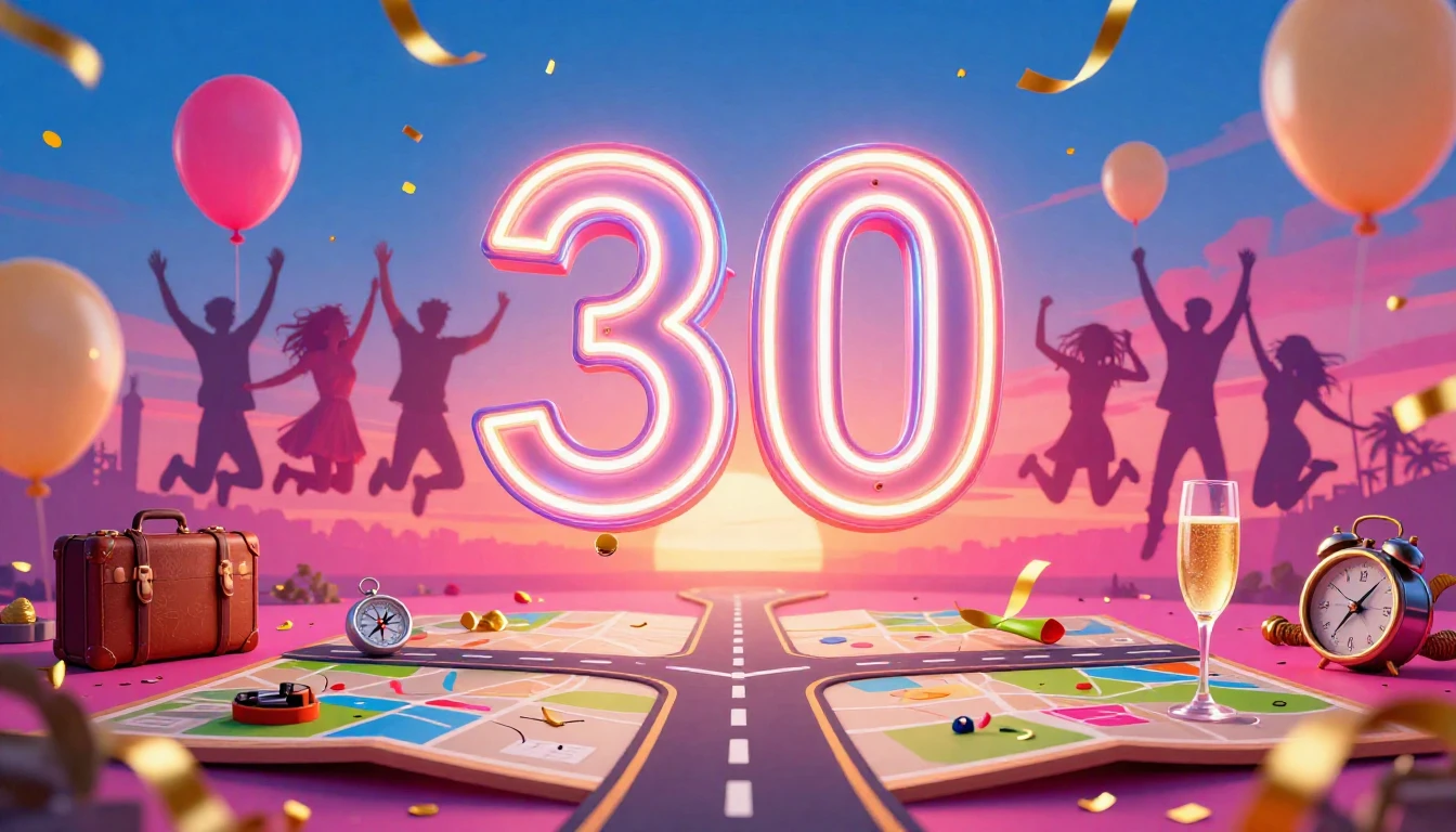 A vibrant and festive album cover design celebrating a 30th ...