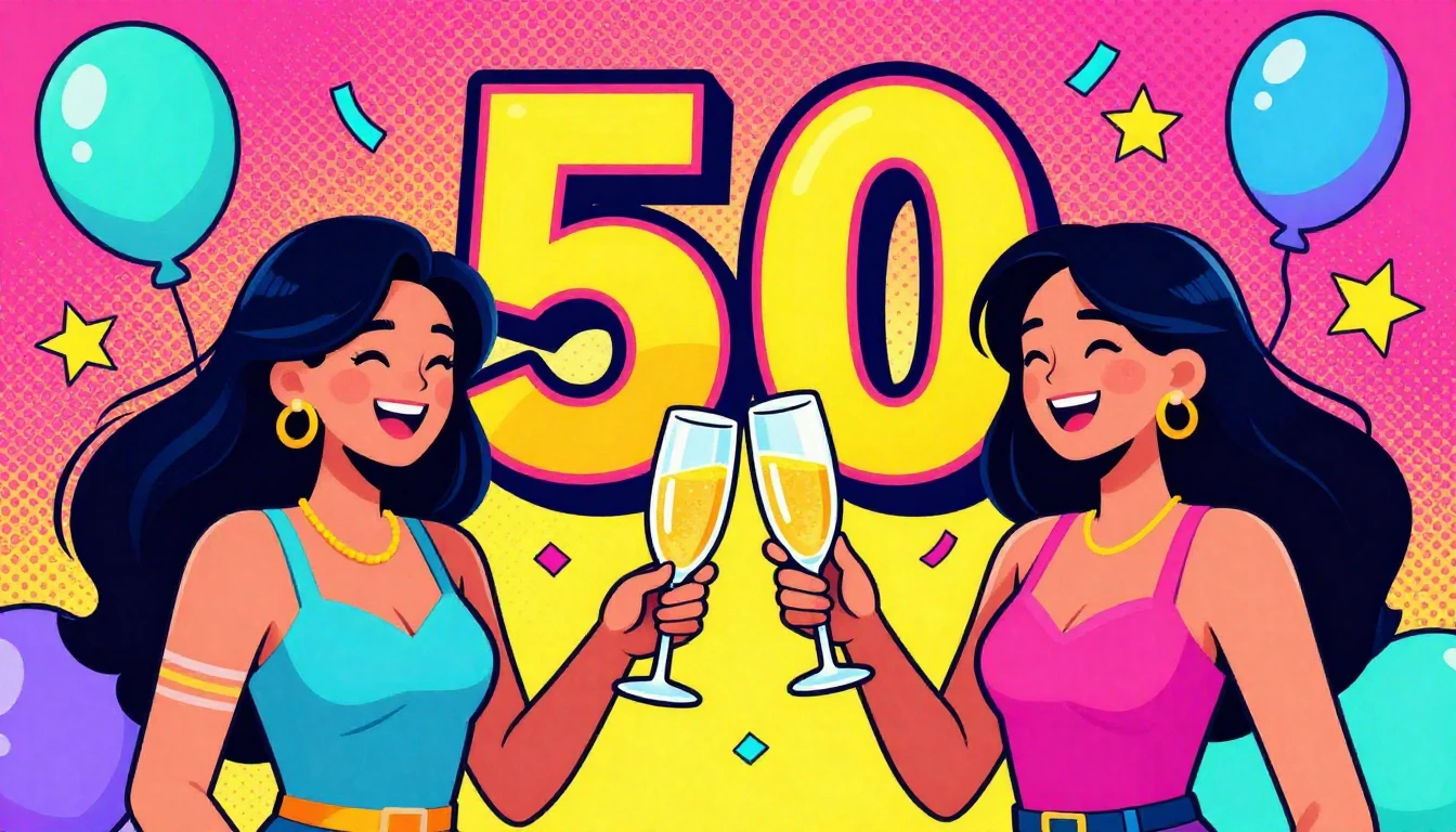 A vibrant and colorful illustration celebrating a 50th birth...