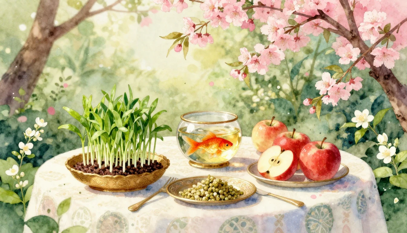 A beautiful watercolor painting of a traditional Haft-Sin ta...