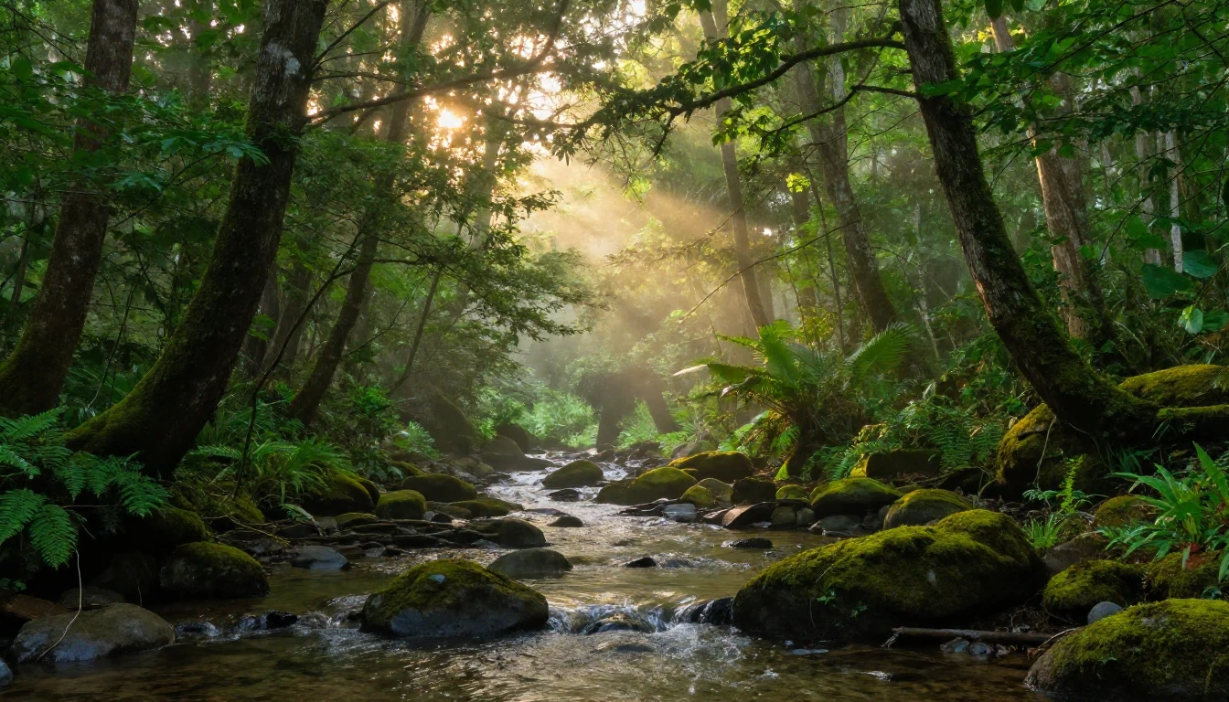 A breathtaking cinematic view of a lush green forest at dawn...