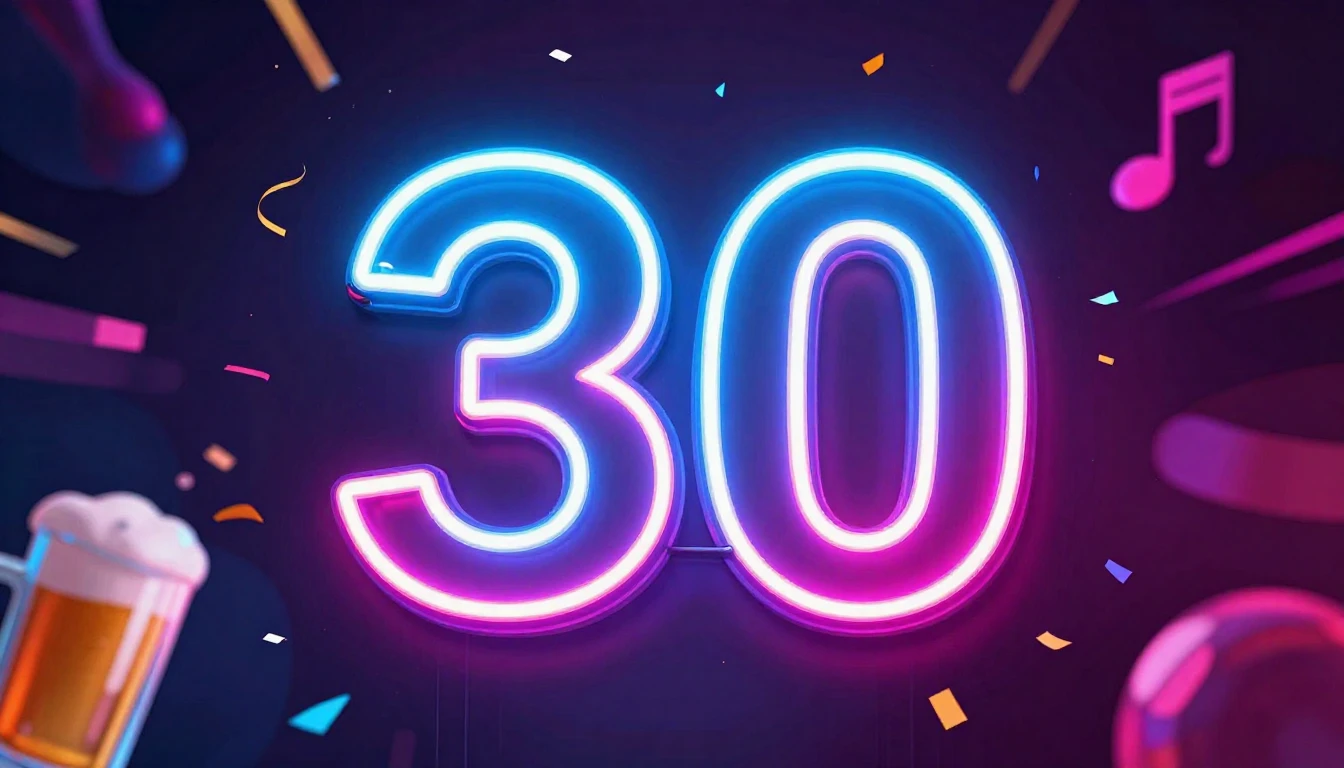 A vibrant digital art illustration celebrating a 30th birthd...