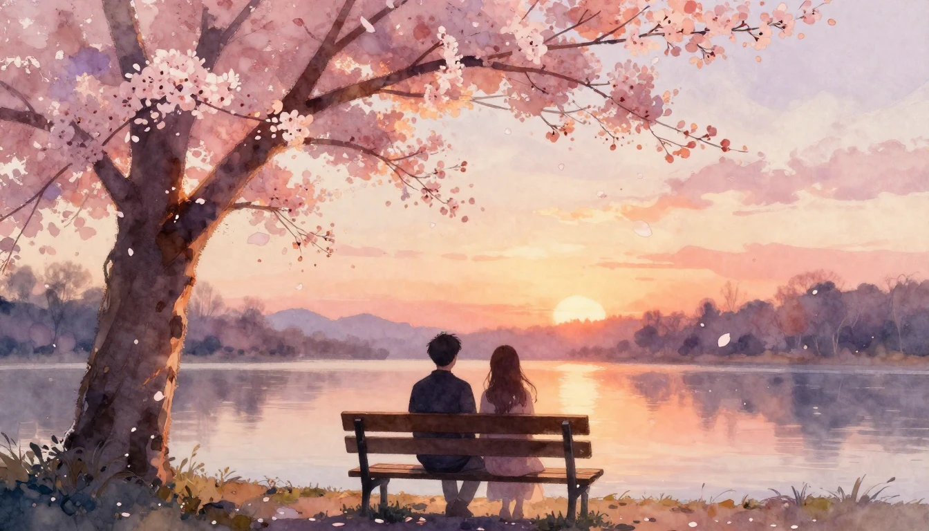 A dreamy watercolor painting of two silhouettes sitting clos...