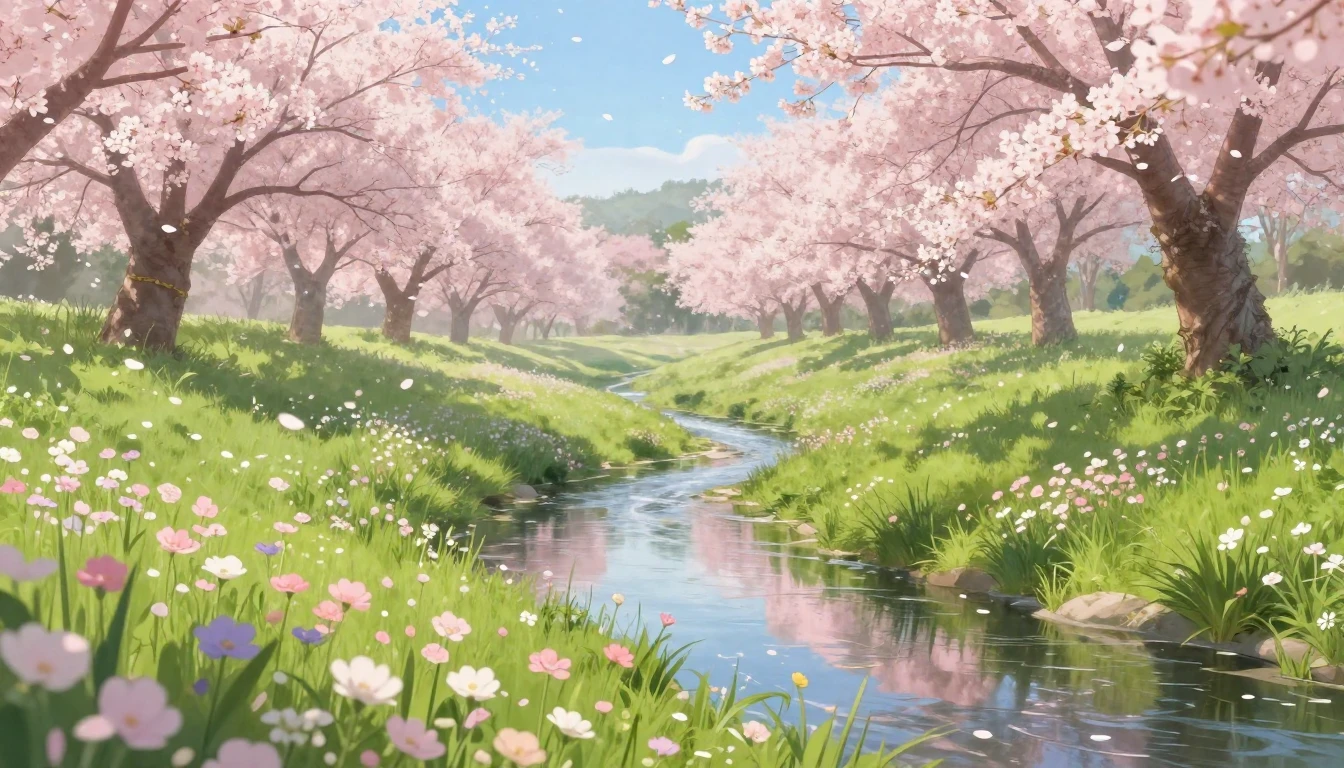 A serene landscape of a lush green meadow filled with bloomi...