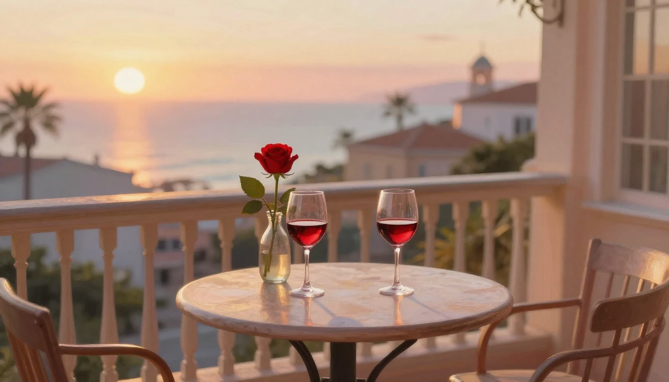 A romantic, cozy balcony scene at sunset overlooking a seasi...