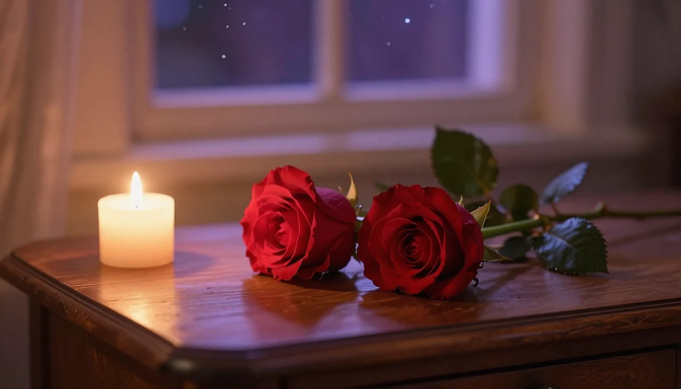 A dreamy and romantic scene featuring two delicate red roses...