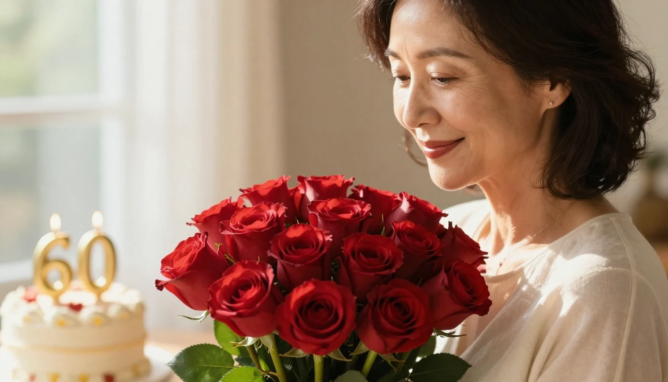 A warm, photorealistic close-up of an elegant 60-year-old Ja...